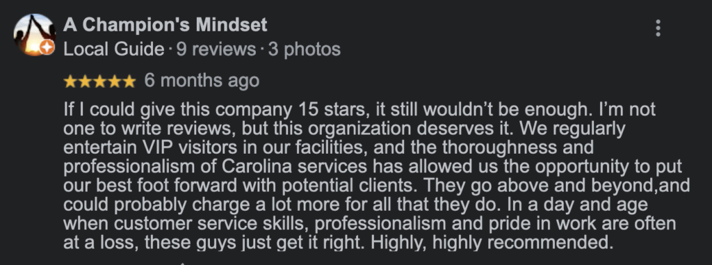 5-star Google review for facility cleaning