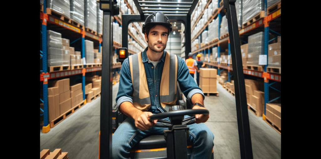 Man driving a forklift in a warehouse aisle