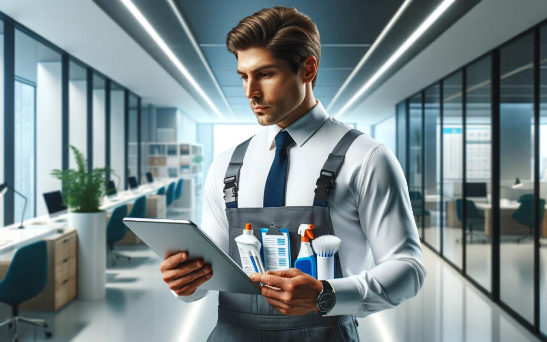 A young professional cleaner looking over his to-do list in an office facility