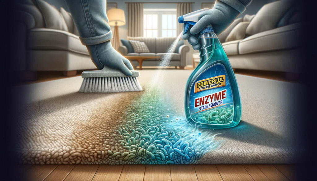 Enzyme cleaners sprayed on a stained carpet