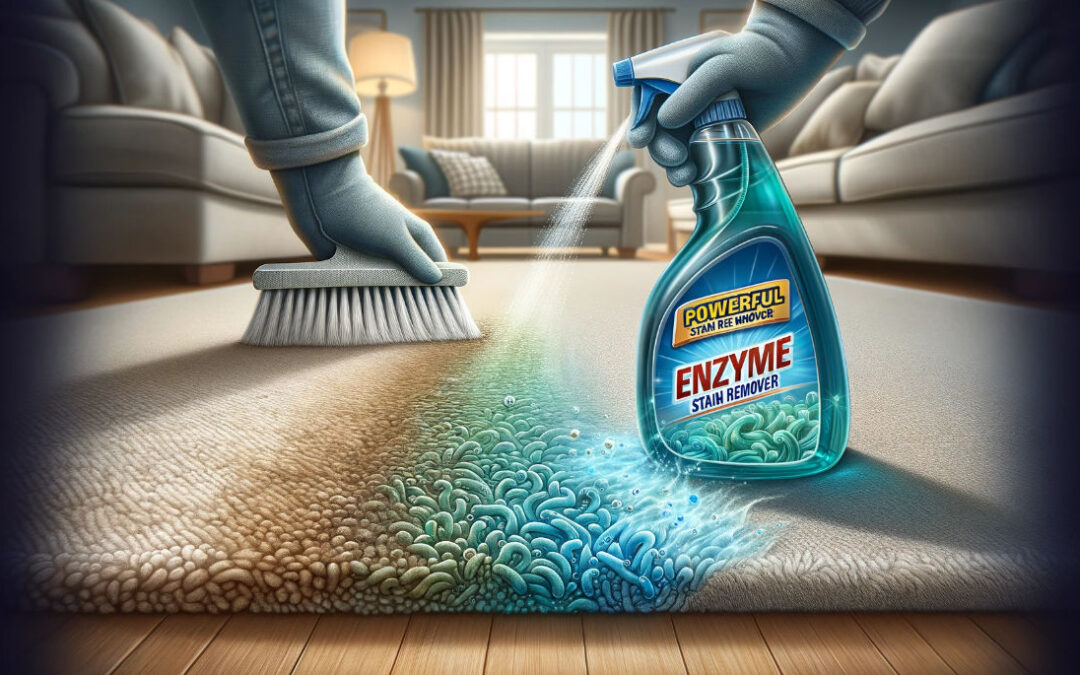 Enzyme cleaners sprayed on a stained carpet