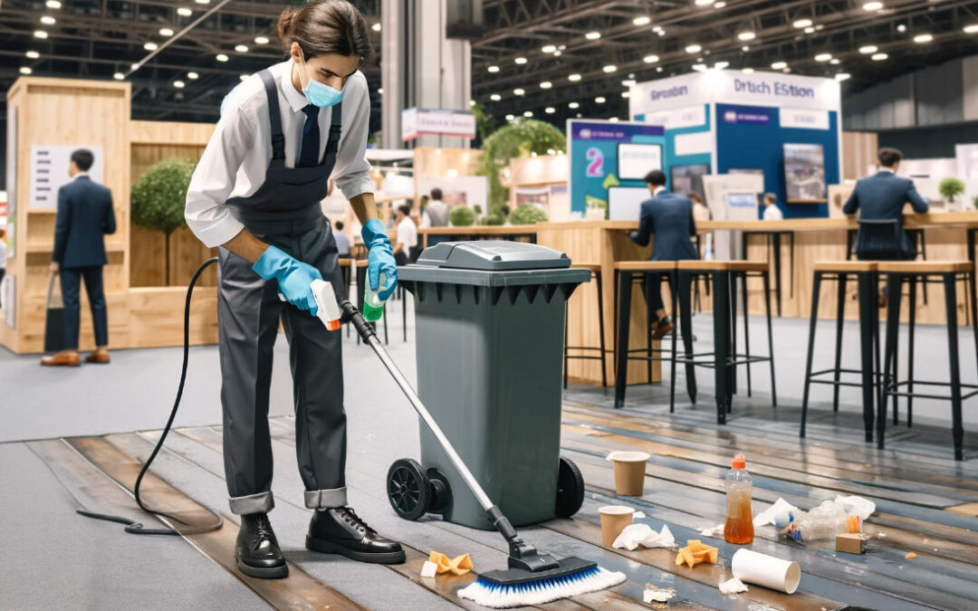 Pro cleaner working at a dirty trade show to keep everyone safe