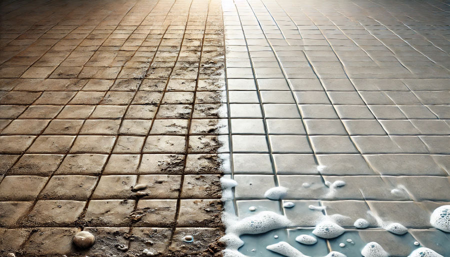 A cross section of dirty grout and cleaned tile flooring