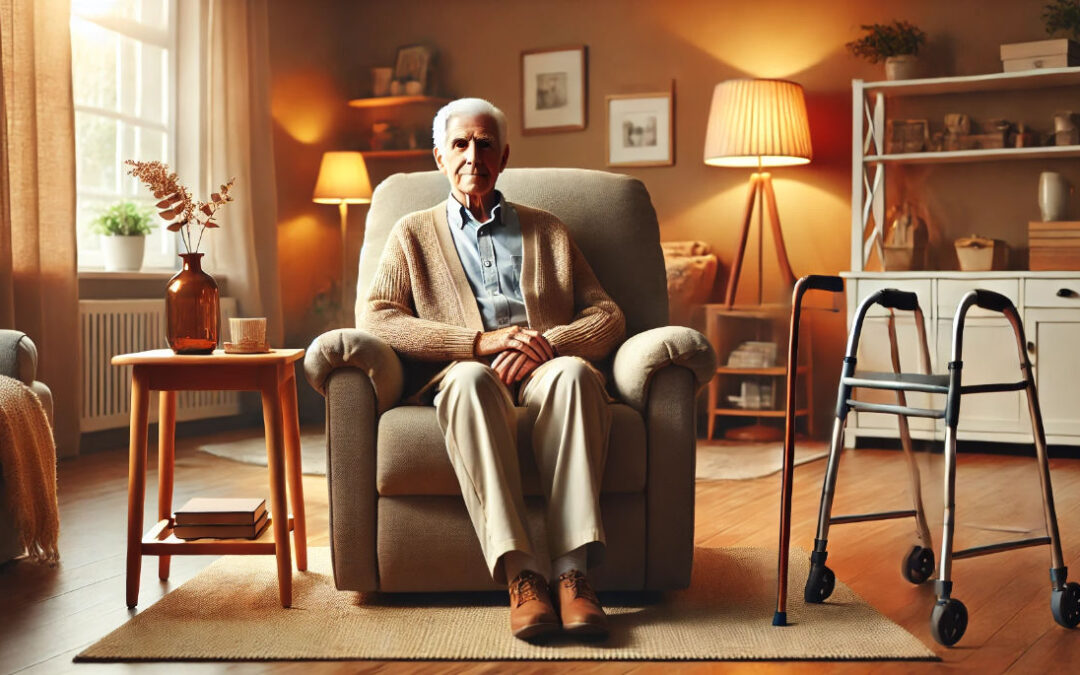 An elderly gentleman on a chair with limited mobility