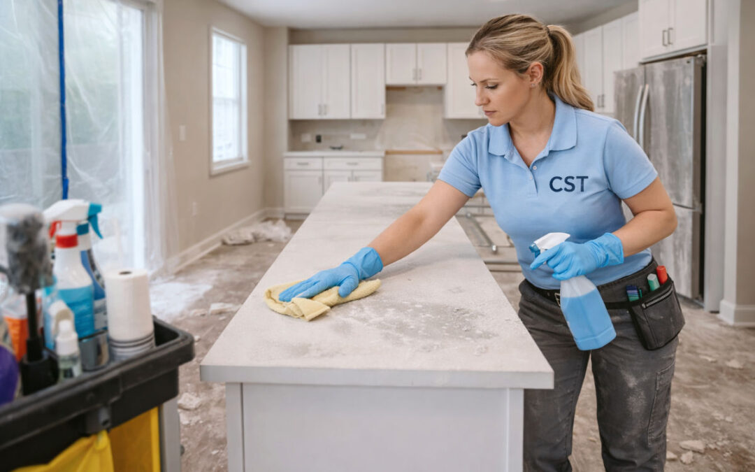 A CST cleaner handling follow up cleaning at a new building