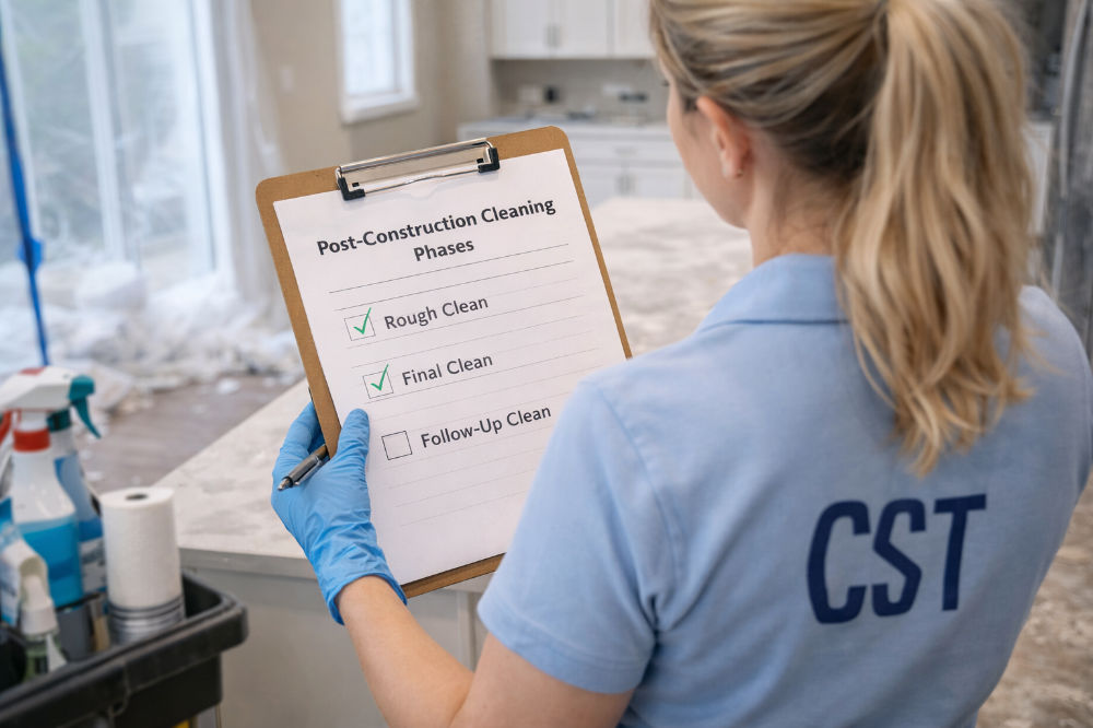 CST cleaner reviewing the phases of construction cleanup, the first two completed