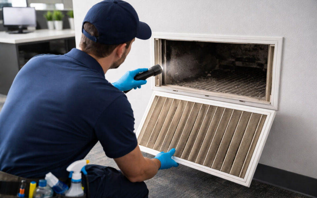 Cleaning pro checking return air vents for dust