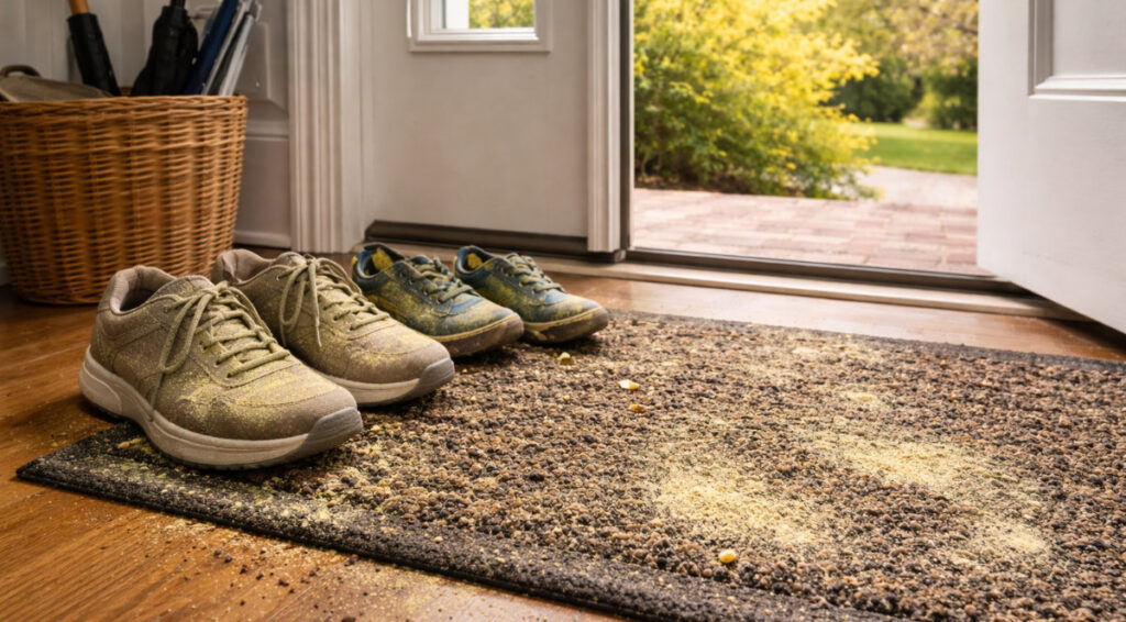 A dusty entryway with pollen-caked shoes and a dirty mat.