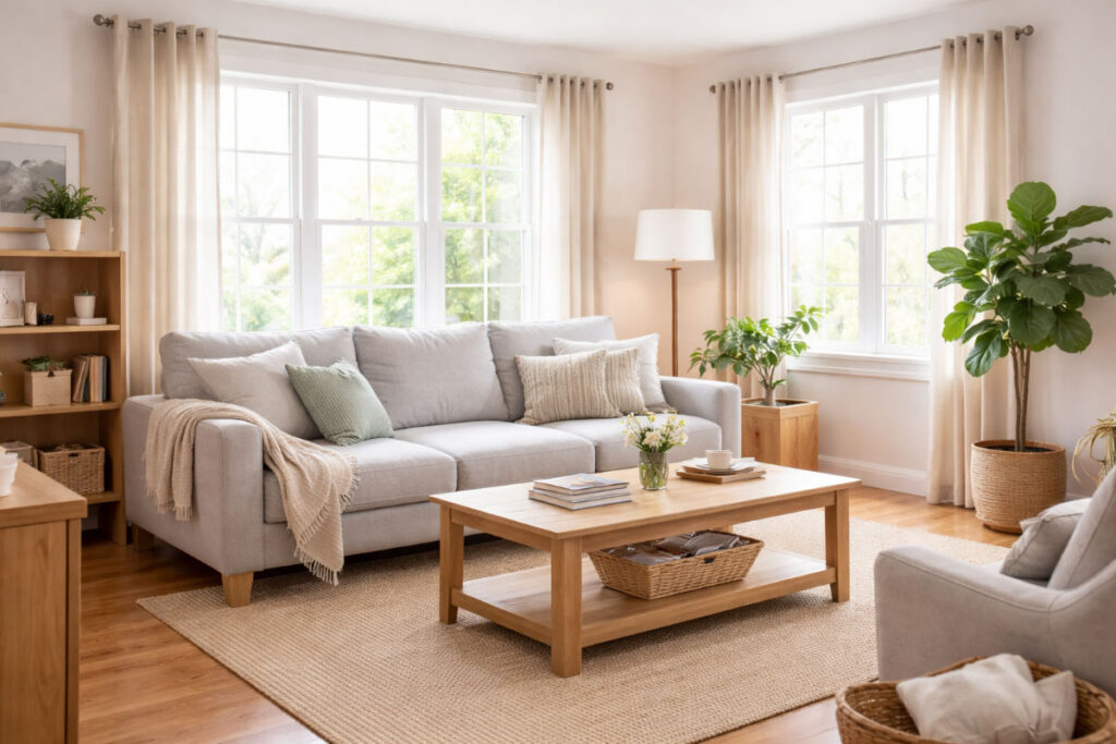 A clean, orderly living room that projects warmth.