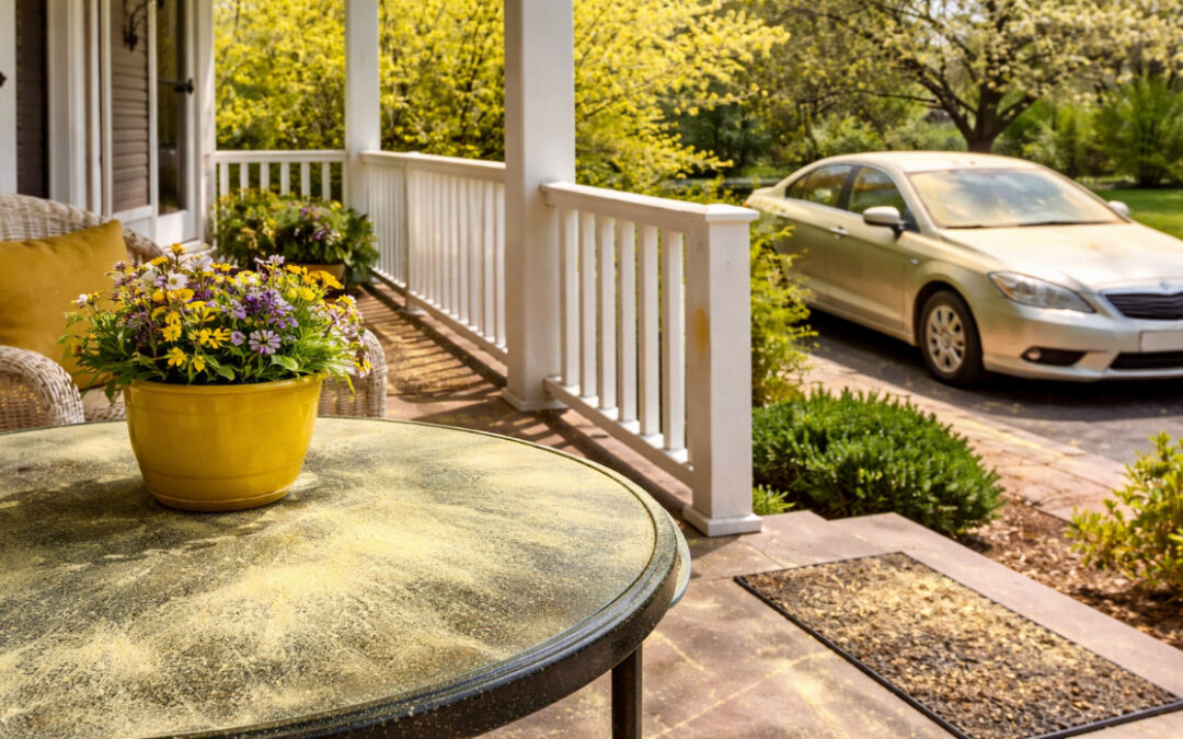 Outdoor pollen building up on a table and car.